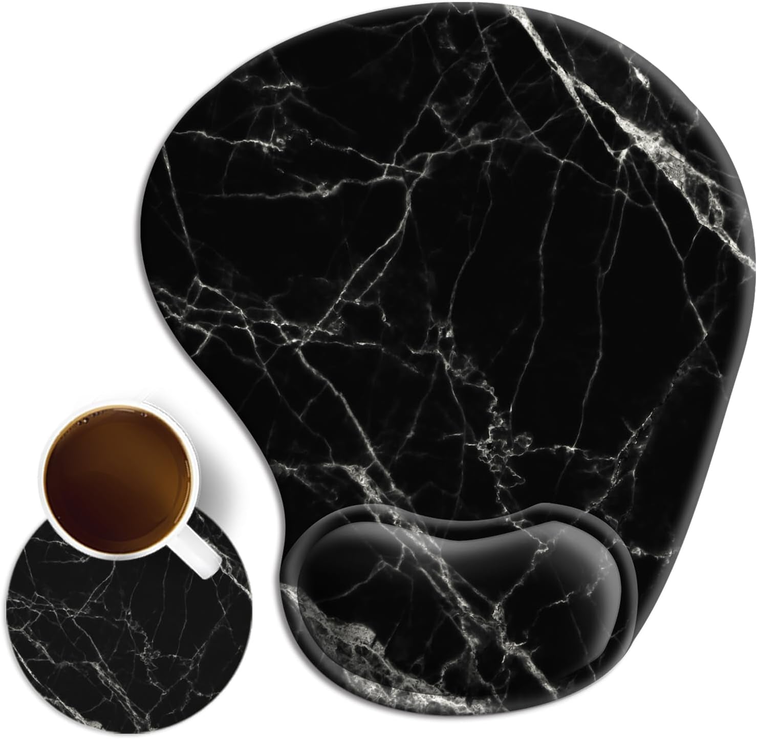 Ergonomic Mouse Pad with Wrist Rest Support Gel with Coaster, Cute Wrist Pad with Non-Slip Rubber Base, Easy Typing & Pain Relief, Black White Marble