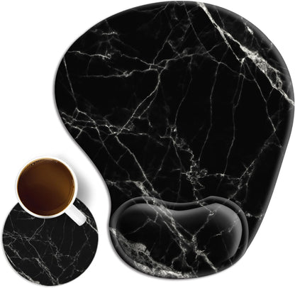 Ergonomic Mouse Pad with Wrist Rest Support Gel with Coaster, Cute Wrist Pad with Non-Slip Rubber Base, Easy Typing & Pain Relief, Black White Marble