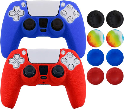 Silicone Skin Compatible with PS5 Controller Cover Sony Playstation5 Controller Grip Skin Protector Faceplates Kits Video Games(Pack 2 Covers with 8Pcs Thumb Grips Caps(Red,Blue)