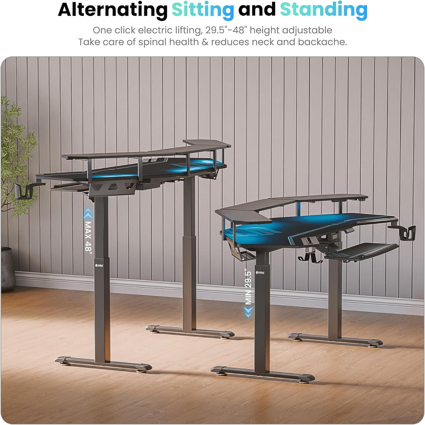 Gaming Desk, Standing Desk W Keyboard Tray, 72" Wing Shaped Music Studio Table with LED Shelves, Gaming Recording Live Stream, Slot Design