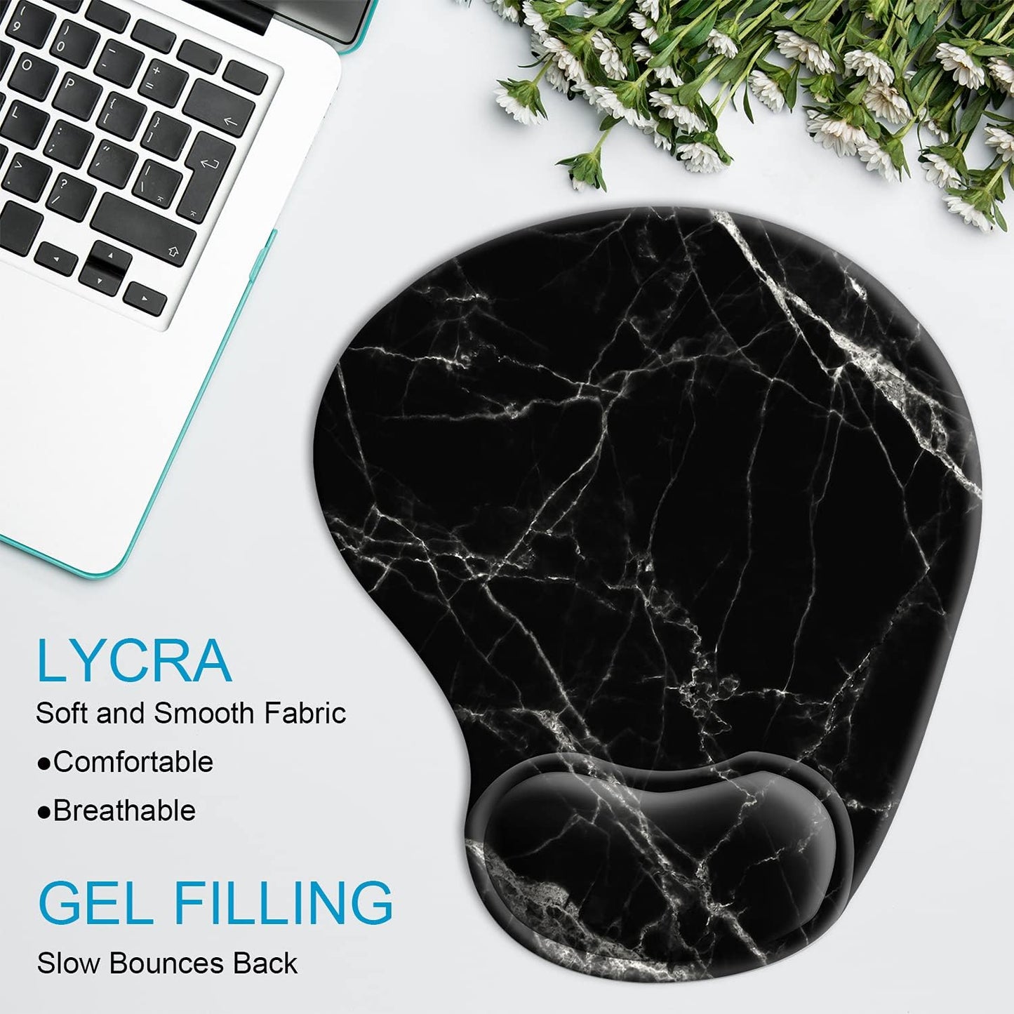 Ergonomic Mouse Pad with Wrist Rest Support Gel with Coaster, Cute Wrist Pad with Non-Slip Rubber Base, Easy Typing & Pain Relief, Black White Marble